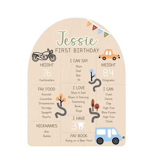 First Birthday Milestone Board - Cars + Motorbike